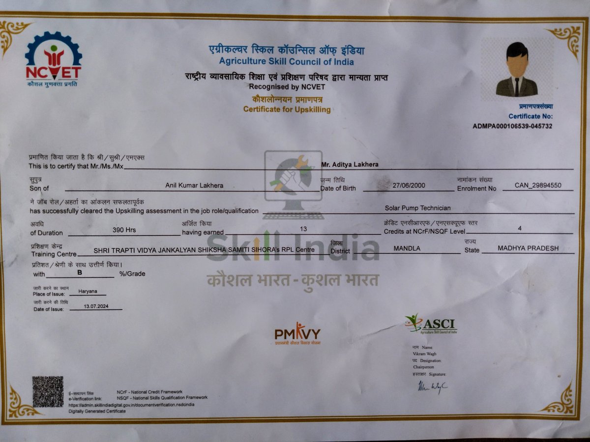 #skillindia 
Agriculture skill council of India 

Job role - Solar pump technician 
<a href="/MSDESkillIndia/">Skill India</a>
<a href="/Youth2047/">Youth of India Foundation</a>