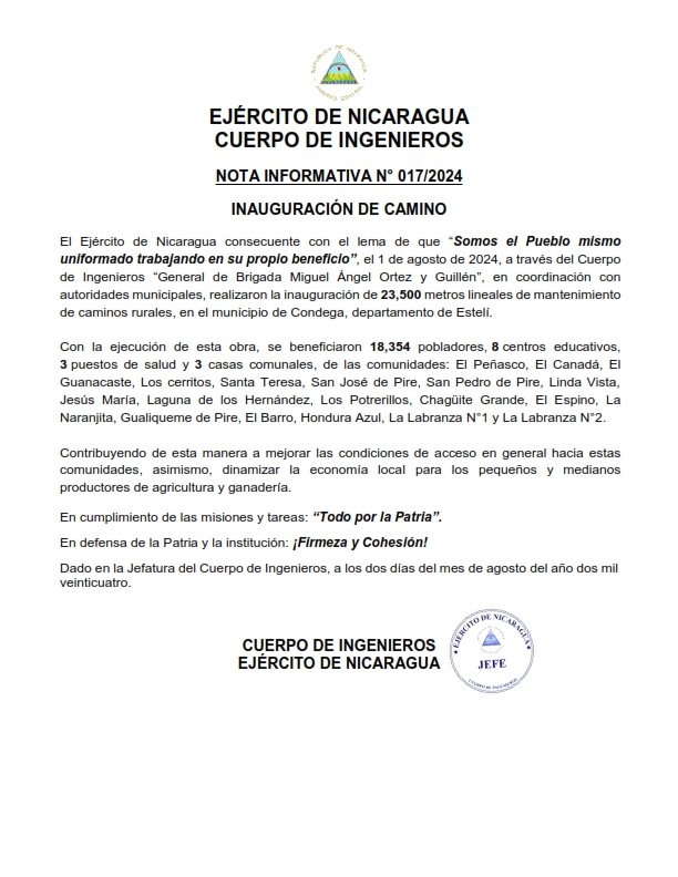 Ejército de Nicaragua inauguró 23 mil 500 metros de caminos rurales en Estelí.
#SomosUNAN #SoyCSM
#4519LaPatriaLaRevolución
#4519SiempreMásAllá
#ManaguaSandinista