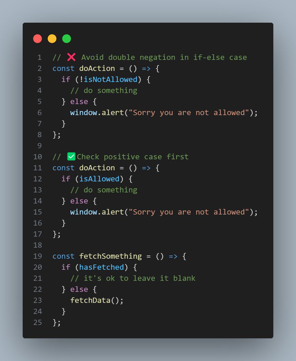 _abdul_rafay's tweet image. Always check the positive case first in if-else, with just one exception that I will share in detail in the next post...

#cleancode #codereadability