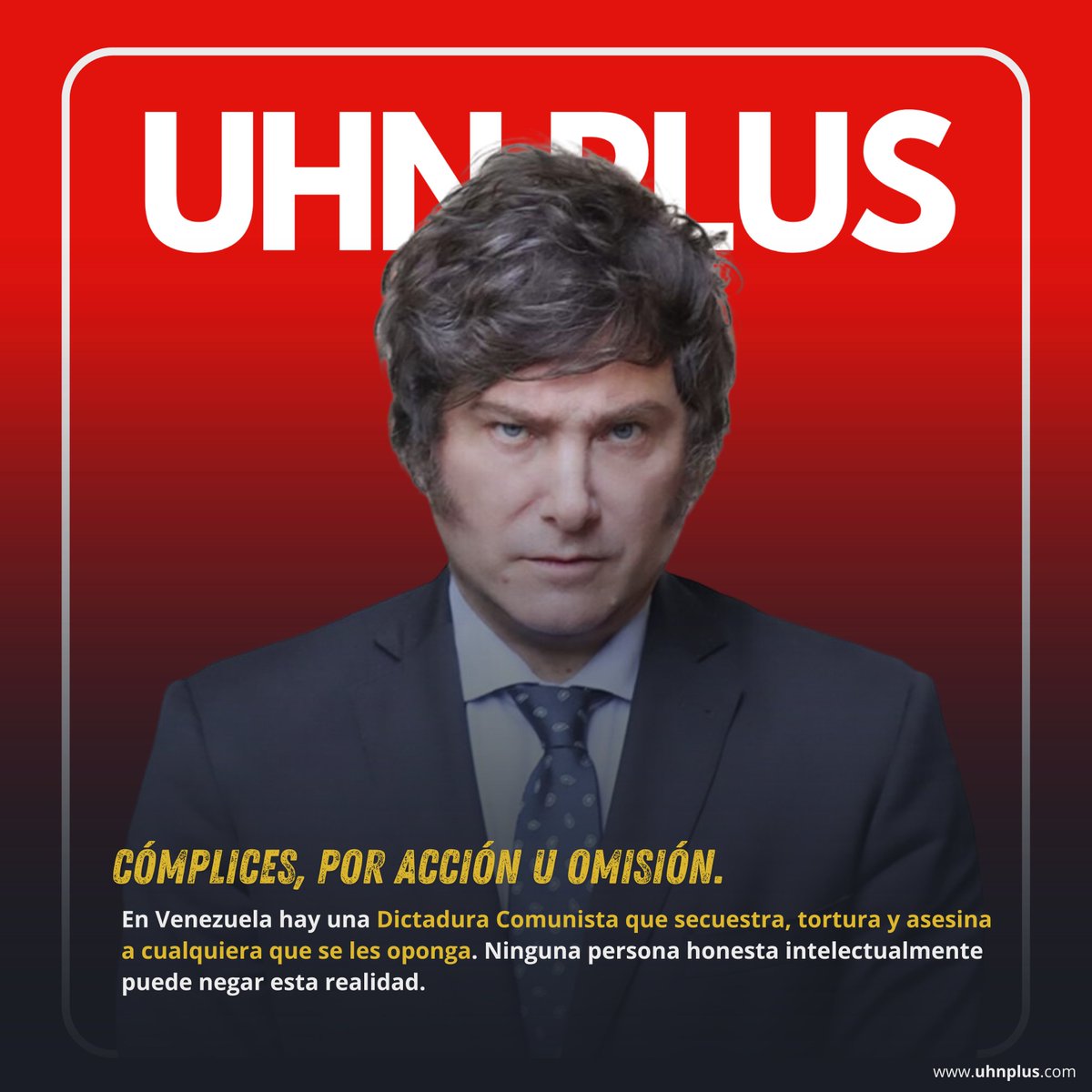 UHN_Plus's tweet photo. 🇻🇪🇦🇷 | AHORA

@JMilei: En Venezuela hay una Dictadura Comunista que secuestra, tortura y asesina a cualquiera que se les oponga. Ninguna persona honesta intelectualmente puede negar esta realidad.

¿No les llama la atención que todos los políticos, periodistas, empresarios y sindicalistas que nos tildaron de fascistas cierren la boca con respecto a la dictadura venezolana?

Incluso algunos apoyan al Dictador Maduro. Dicen, sin ponerse colorados, que ganó las elecciones de forma legítima. Que Venezuela es una democracia. Todo esto mientras afirman que nuestro movimiento es fascista.

El Comunismo es una ideología asesina y antihumana que siempre termina en una dictadura sangrienta y asesina, como el fascismo.

Nunca vas a escuchar a los periodistas progresistas y bienpensantes decir que el comunismo es una ideología asesina. Es hora que elijan y salgan de la neutralidad. A los imbéciles de la idea del centrismo bienpensante y que tildan de fascista a todo aquel que escapa de su lógica mediocre les pregunto de modo directo:
¿Maduro o Corina Machado?

Mientras sigan buscando al helado caliente, al esqueleto obeso y a la meretriz virgen seguirán siendo los grandes cómplices del desastre decadente argentino.
VLLC !!!

PD: lindo brete para los boluprogres del centrismo bienpensate, ya que si eligen se contradicen con todo lo que han venido diciendo/escribiendo (en su definición se vuelven fascistas) y si se mantienen nuestros dejan bien en claro la basura que son.
JAQUE MATE