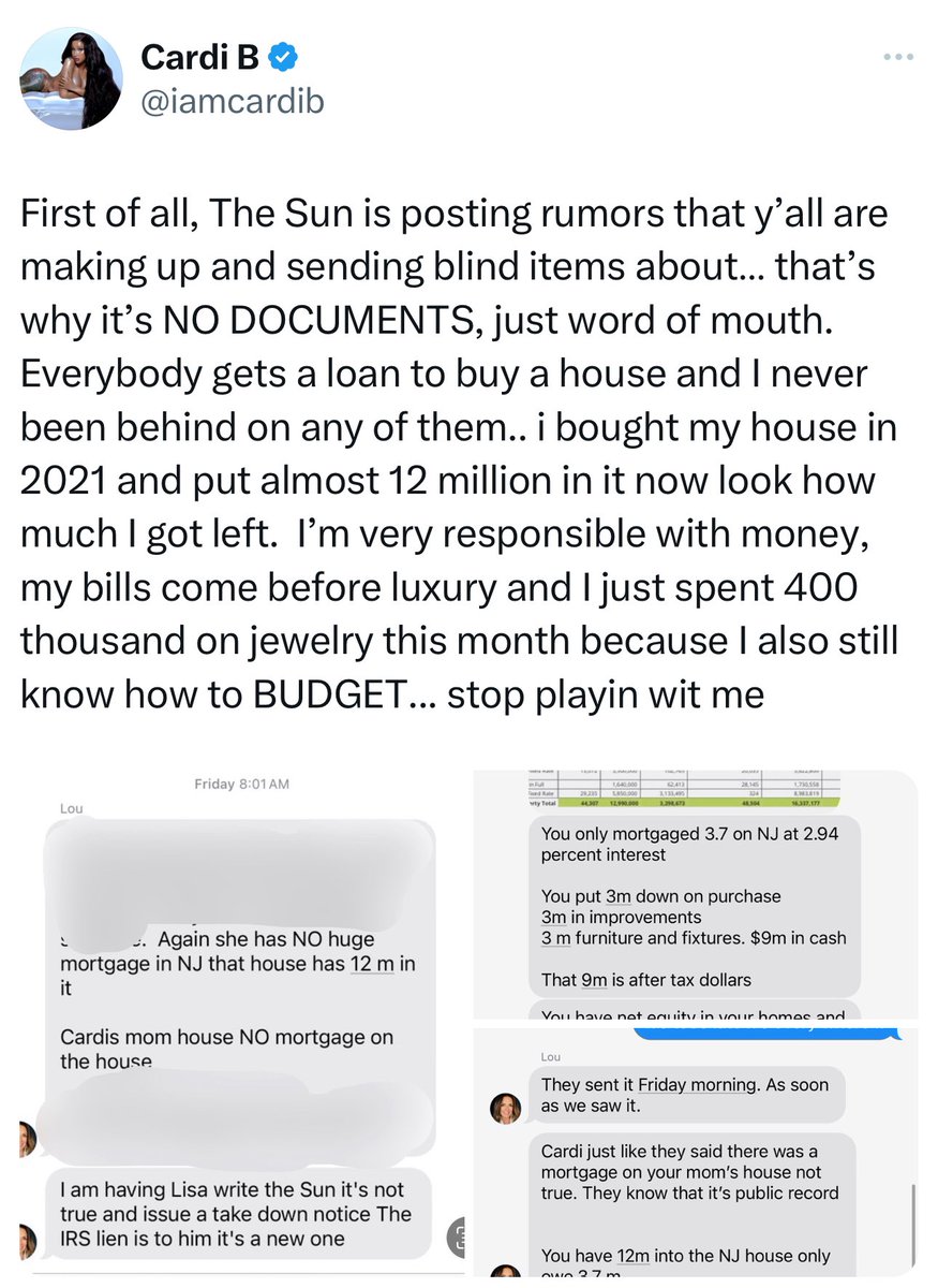 FreeBritneyFR81's tweet photo. Cardi B shares text messages with Lou Taylor. https://t.co/Fm8IQPJ8xV