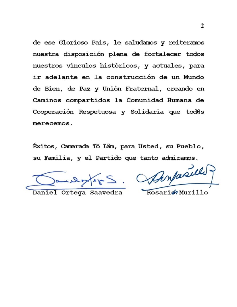 El Gobierno de Nicaragua envía un mensaje de felicitación a través de una nota de prensa al compañero Tô Lâm, quien ha asumido el cargo como nuevo Secretario General del Partido Comunista de Vietnam.
#SomosUNAN #SoyCSM
#4519LaPatriaLaRevolución
#4519SiempreMásAllá