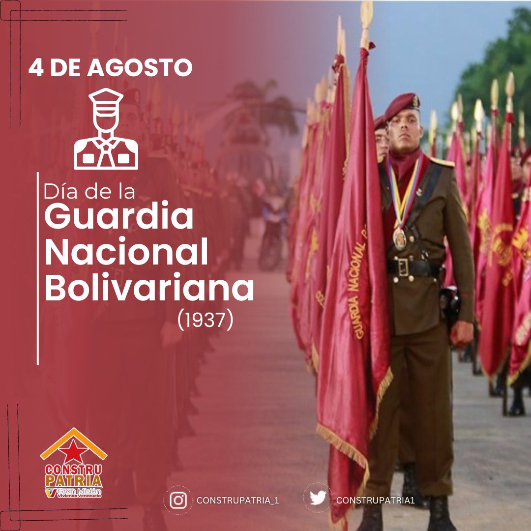 Construpatria1's tweet photo. #Efeméride || Feliz aniversario a nuestra Gloriosa Guardia Nacional Bolivariana. 🇻🇪 Hombres y mujeres al servicio de la patria 🇻🇪¡Felicidades en este 87 aniversario! Gracias por el compromiso y lealtad al pueblo venezolano.

 #VenezuelaPazYJusticia https://t.co/O1TaqEEWKU