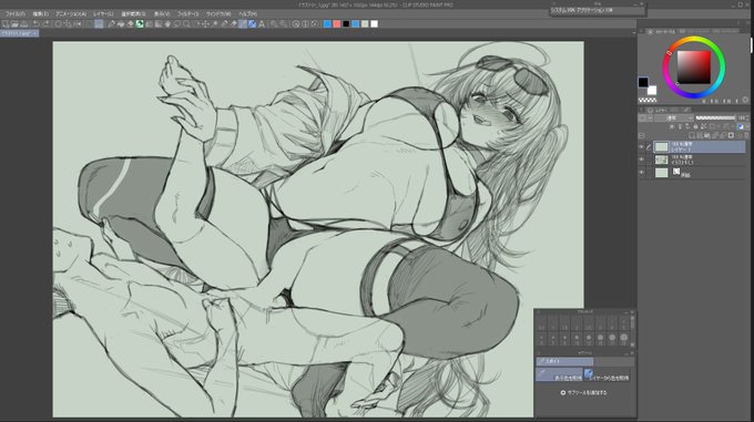 体位を工夫して構図をさらに練りねりしたらダイナミックな感じに。
PCの不調をパーツ交換、Win10にダウングレードして乗り切り、やっと板タブ環境に戻れて集中力が出てる。
今は軽く立体感のでる塗りをして違和感が無いか確認しつつ手直し中。 