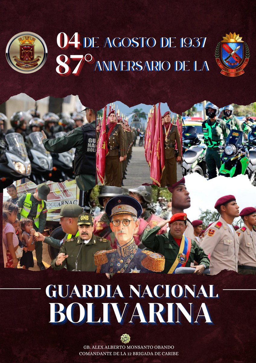 Hoy celebramos el 87° aniversario de la Gloriosa Guardia Nacional Bolivariana, una institución comprometida con la seguridad y la defensa del país. ¡Centinelas de la Patria de Bolivar y Chávez!¡Honor a quienes sirven con valentía y dedicación!