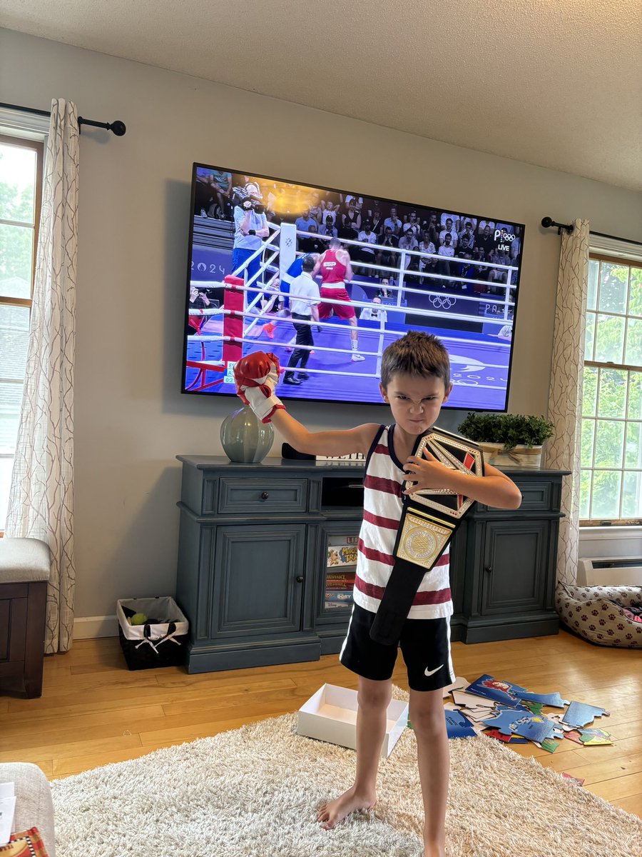The Ratti kid’s are loving the early morning Olympic boxing action on the #goldzone <a href="/peacock/">Peacock</a>