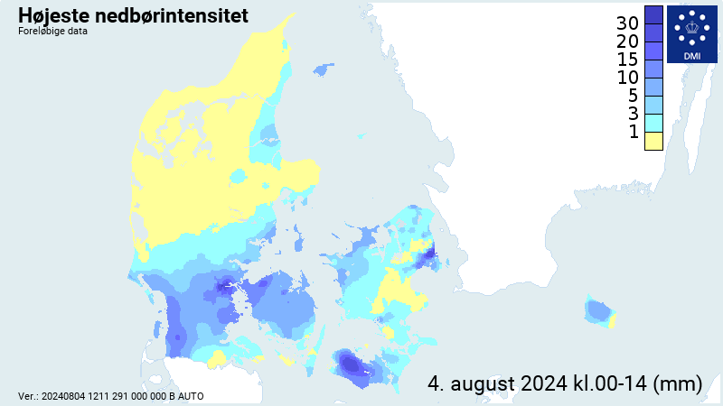 dmidk's tweet photo. Området med tordenbyger har sluppet landet, bortset fra Bornholm. Der er registret skybrud i Sønderjylland, på Fyn, Lolland og i København. Mest fik Kolding med 32,6 mm, og i København er der frem til kl. 14 faldet 27.8 mm. Find de aktuelle målinger på 👉https://t.co/KEDsHFlLmn https://t.co/ORvs40WZn6