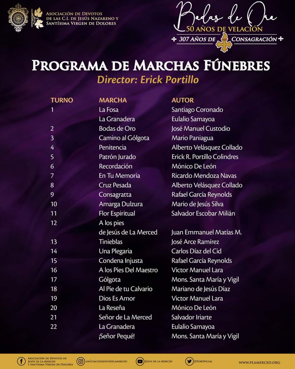 #JesusDeLaMerced | Recorrido y programa de Marchas Fúnebres a interpretarse en la procesión por los 50 años de velación de Jesús de la Merced.

#ProcesionesGT #Catolicos #LaMerced #capirotesYmadrileñas