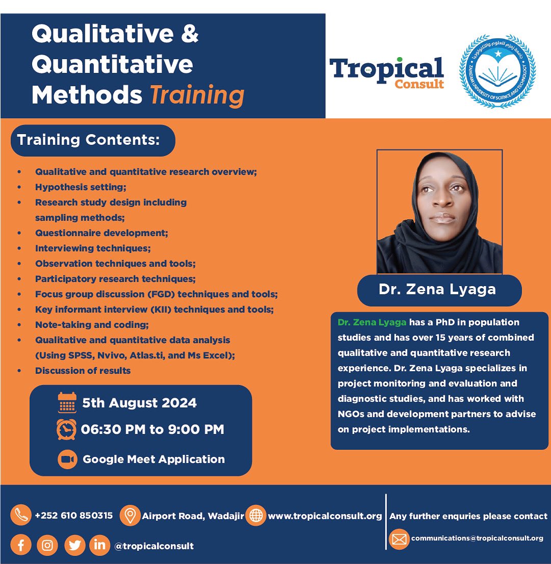Join Tropical Consult and Zamzam University on 📅 August 5, 2024, at 7PM EAT for a virtual Qualitative &amp; Quantitative Methods Training. 👩🔬 Led by Dr. Zena Lyaga, this is a must for researchers in Somalia and Malaysia. 🌍 Secure your spot now!

Join here: meet.google.com/afe-esjb-xaz