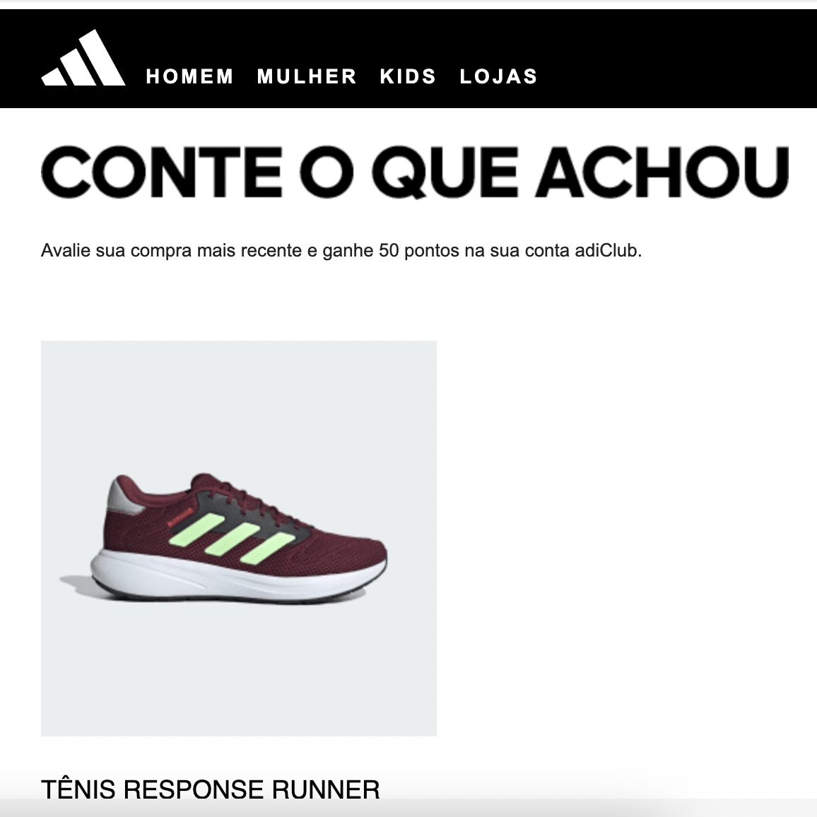 Olha que legal, <a href="/adidasbrasil/">adidasbrasil</a>: vocês me pedem pra avaliar um produto que eu deveria ter recebido há 25 dias. E até agora nada, não me dão nem prazo.