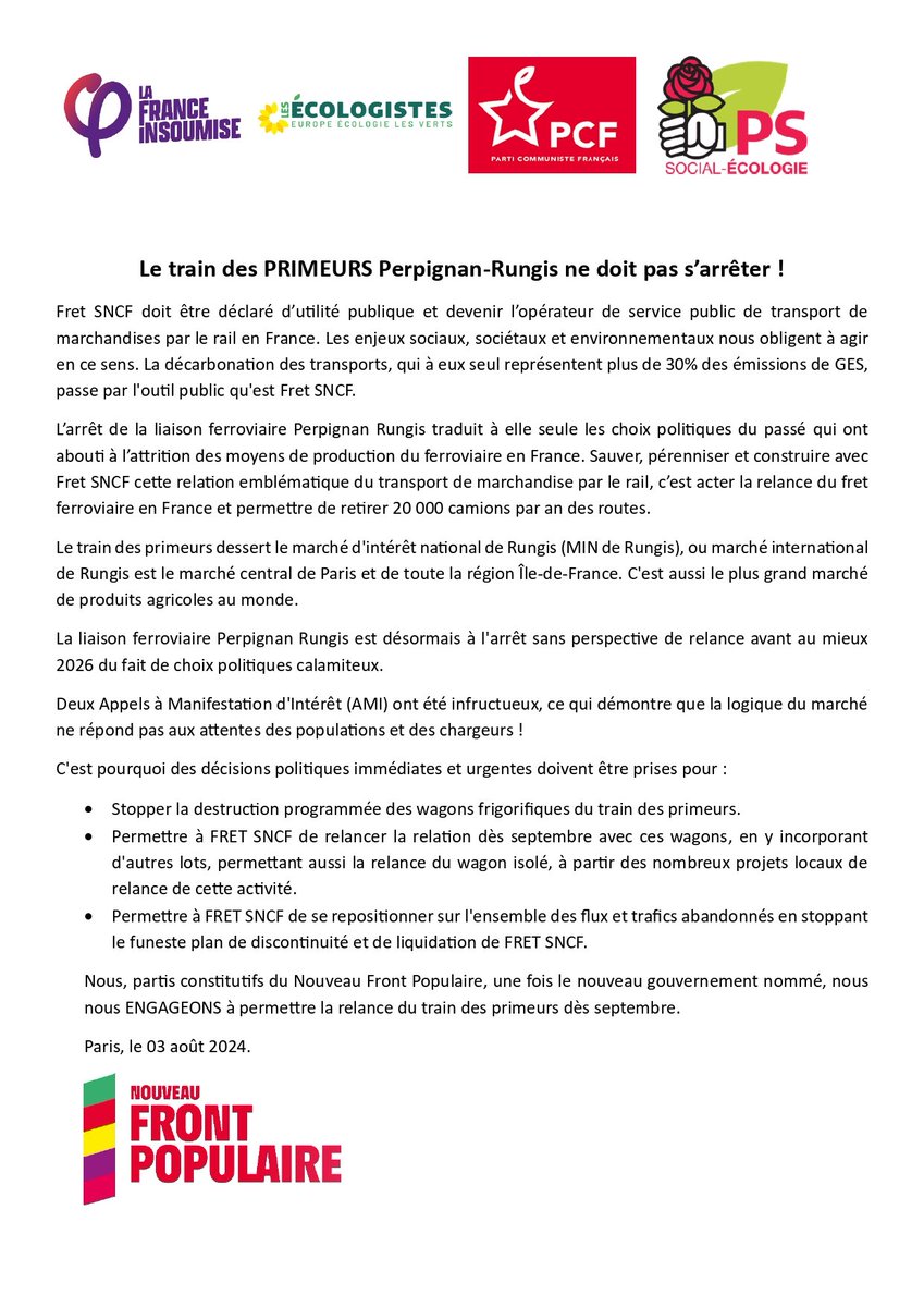 Un communiqué des formations politiques membres du Nouveau Front Populaire en défense du train des Primeurs Perpignan / Rungis. 
Un dossier fondamental qui illustre le projet politique pour lequel les électeurs ont voté pour nous... Ne pas l'oublier...