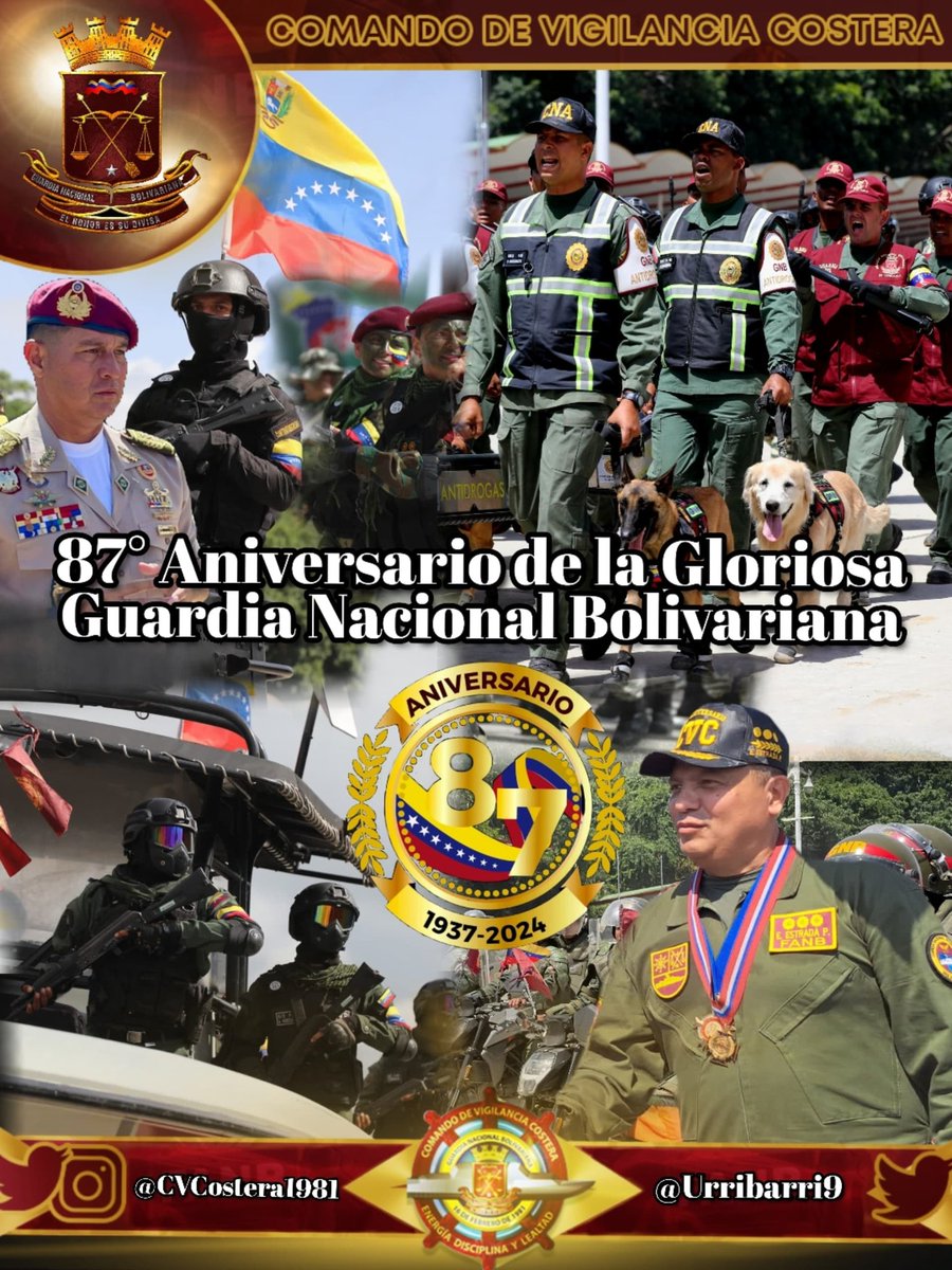 CVCostera1981's tweet image. #4Ag 🇻🇪🛡️Celebramos con Gran Júbilo el 87° Aniversario de nuestra Invicta Guardia Nacional Bolivariana: Componente de la FANB que día a día trabaja en pro de garantizar la Paz y el Orden en el País.

Felicidades a los centinelas de carrubio quienes integran las filas de la GNB.
