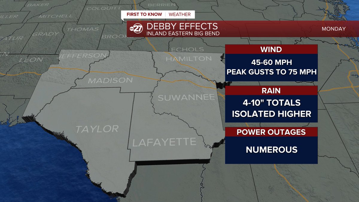 CasanovaWTXL's tweet photo. 8:45am -- Debby zone-by-zone forecasts for inland areas https://t.co/A9GWQYoV2b