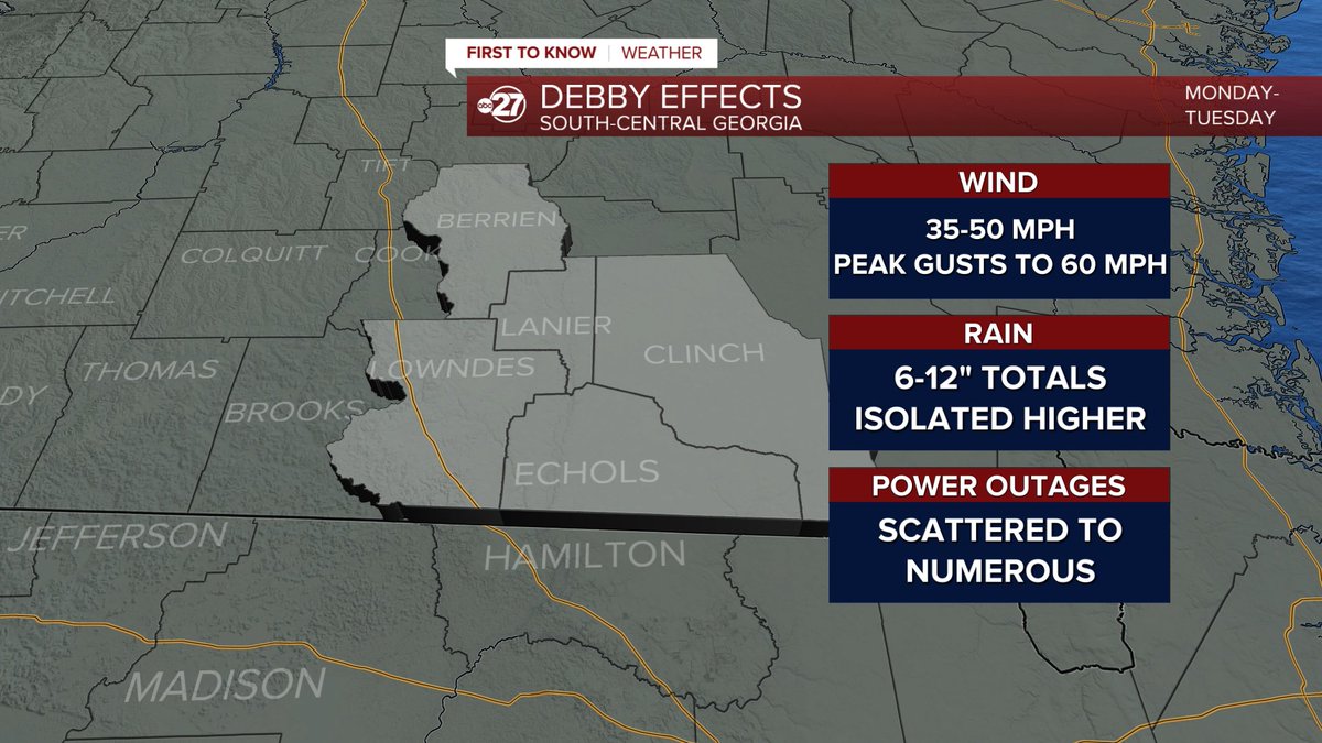 CasanovaWTXL's tweet photo. 8:45am -- Debby zone-by-zone forecasts for inland areas https://t.co/A9GWQYoV2b