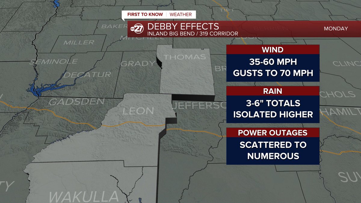CasanovaWTXL's tweet photo. 8:45am -- Debby zone-by-zone forecasts for inland areas https://t.co/A9GWQYoV2b