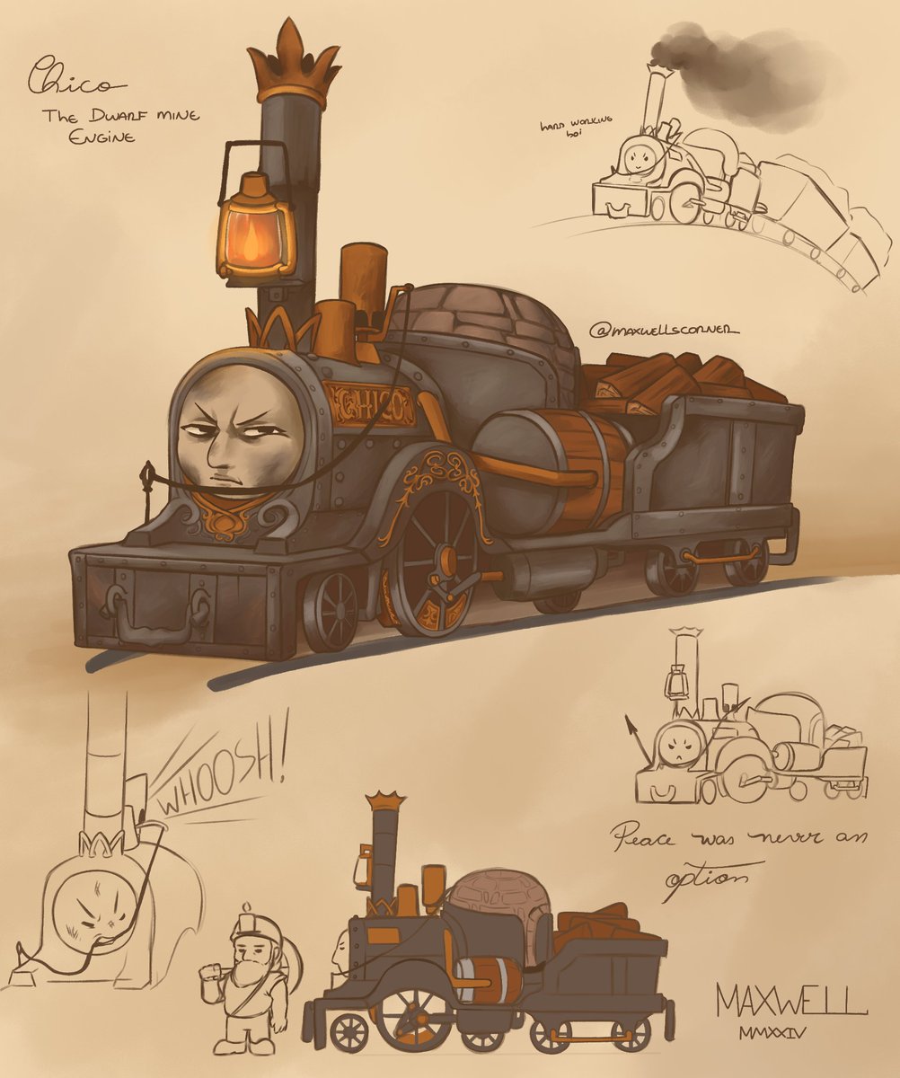 SleepyDrawings's tweet photo. Finally made a piece showing my High Fantasy version of a locomotive, the drawf mine hard worker Chico 🖤

I wanted to give him a mixture of the first designs of trains in a raw metal look with bronze detailing to create something almost functional with a whimsical touch https://t.co/1PeLhuWShg