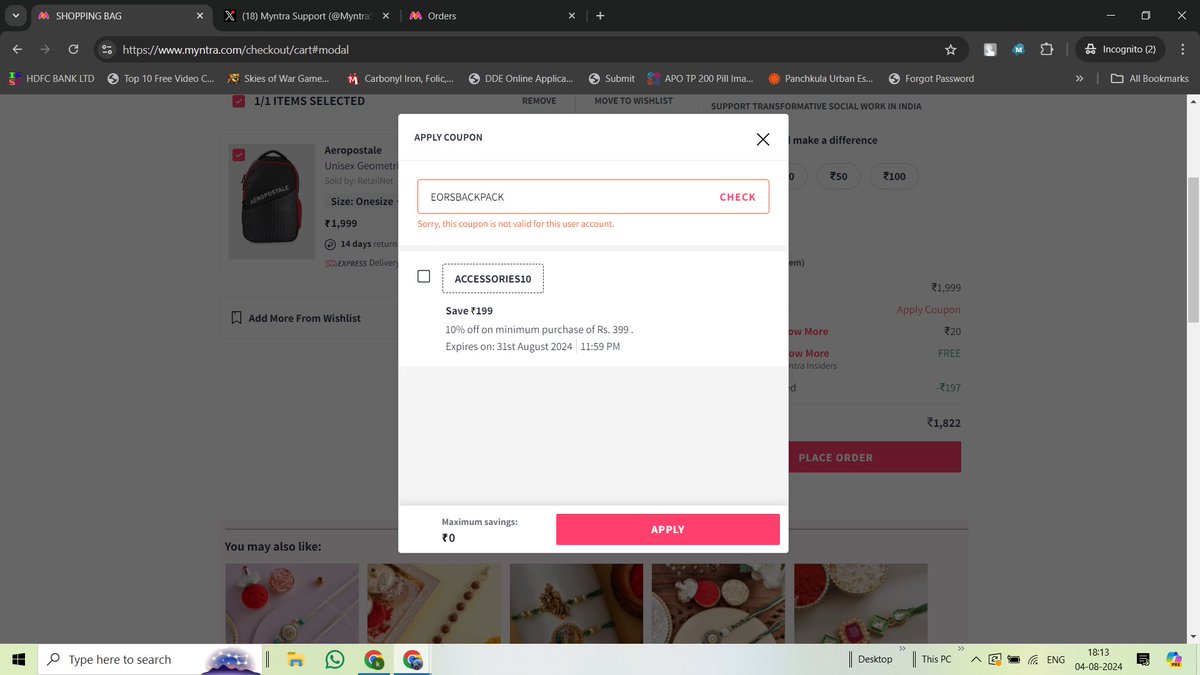 krishan42's tweet photo. @MyntraSupport @myntra Order ID # 1269048 56344340773703 placed this order in EORS but not able to use the reward coupon of AEROPOSTALE backpack. https://t.co/1bAsGGekKu
