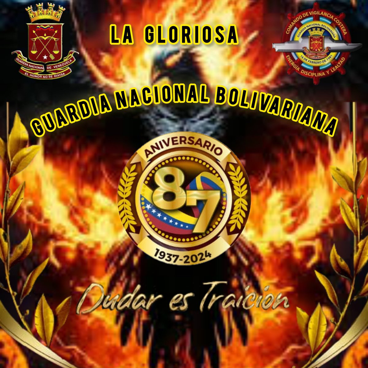 Cmdteelburro63's tweet photo. #04AGO24||Hoy arribamos al aniversario nro° 87 de nuestra Gloriosa GUARDIA NACIONAL BOLIVARIANA. Felicidades a todos nuestros centinelas permanentes de la patria. https://t.co/dEbK0UbiyO