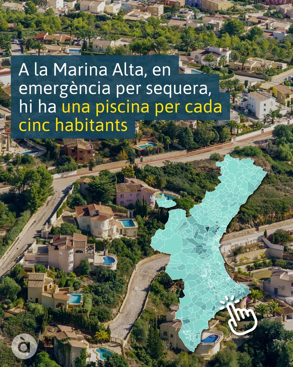 🔍 A la Marina Alta, en emergència per sequera, hi ha una piscina per cada cinc habitants. 

Xàbia és l'única població de menys de 80.000 habitants entre les deu de tot l'estat espanyol amb més piscines. 

⬇️Explora el mapa interactiu ⬇️
apuntmedia.es/noticies/socie…