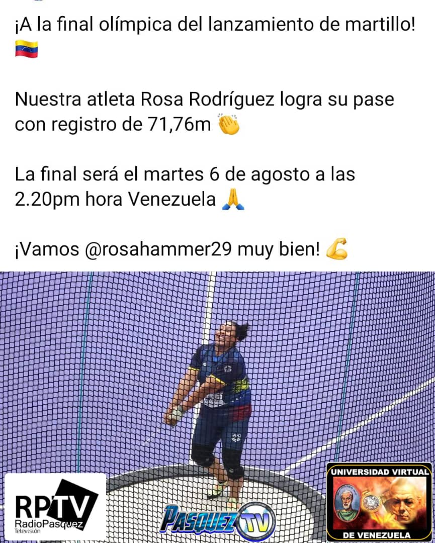 ¡A la final olímpica del lanzamiento de martillo! 🇻🇪

Rosa Rodríguez logra su pase con registro de 71,76m 👏

La final será el martes 6 de agosto a las 2.20pm hora Venezuela 🙏

¡Vamos <a href="/rosahammer29/">rosa rodriguez</a> muy bien! 💪

#RPTV
#PASQUEZTV
Universidad Virtual de Venezuela