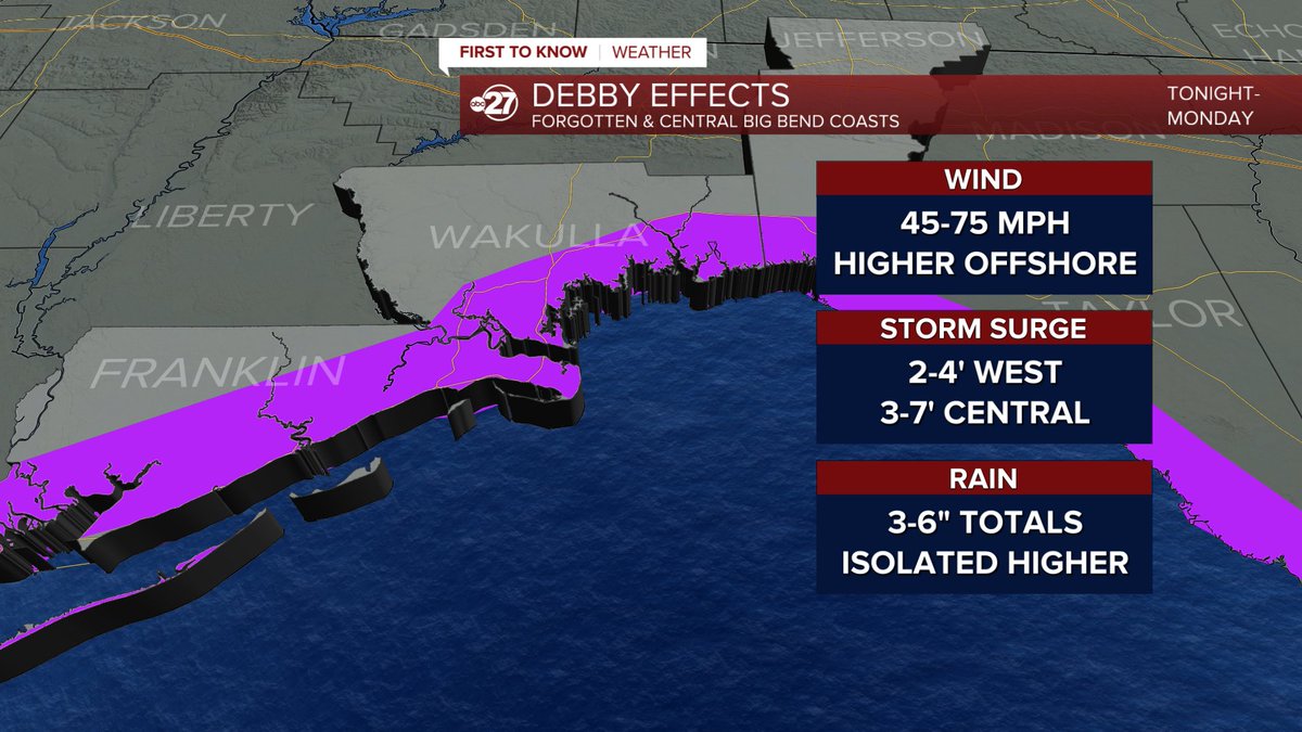 CasanovaWTXL's tweet photo. 8:45am -- Debby zone-by-zone forecasts for coastal areas https://t.co/6Vkl3vJtte