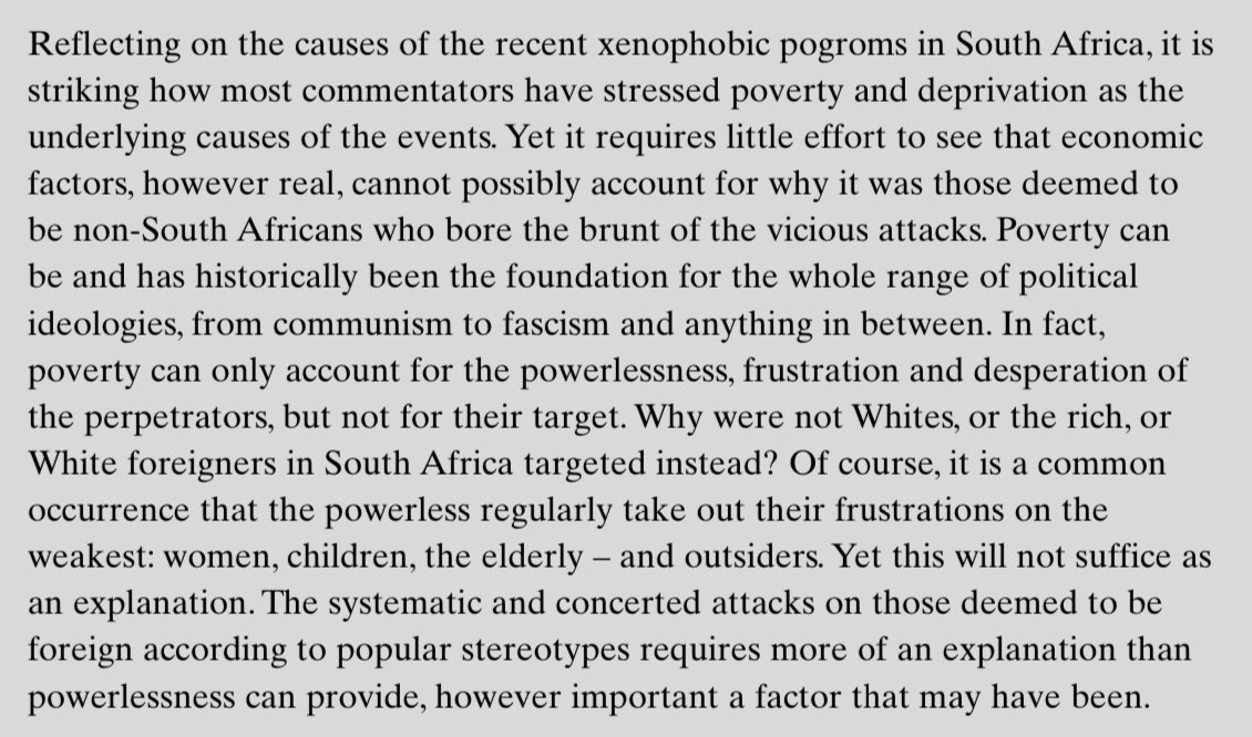 Rupinder0_'s tweet photo. Pertinent from Michael Neocosmos, on 2008 pogroms in South Africa: ‘it is striking how most commentators have stressed poverty &amp; deprivation as underlying causes…economic factors…cannot possibly account for why it was those deemed to be [foreign] who bore the brunt of…attacks’ https://t.co/ViqNZOH0q9