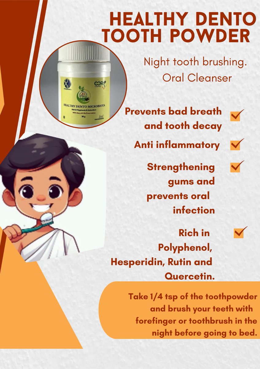 AmmagenL's tweet image. Healthy Dento Microbiota Tooth Powder
(From the Family of AMMAGENOMICS)
OORJ Verified and tested
Fresh Batch
ammagenomics.com/product/health…

To order please Call/WhatsApp +91 98402 56219 or visit maomics.com
#toothpowder #polyphenol #oorjv #mda #herbal #preventsbadbreath