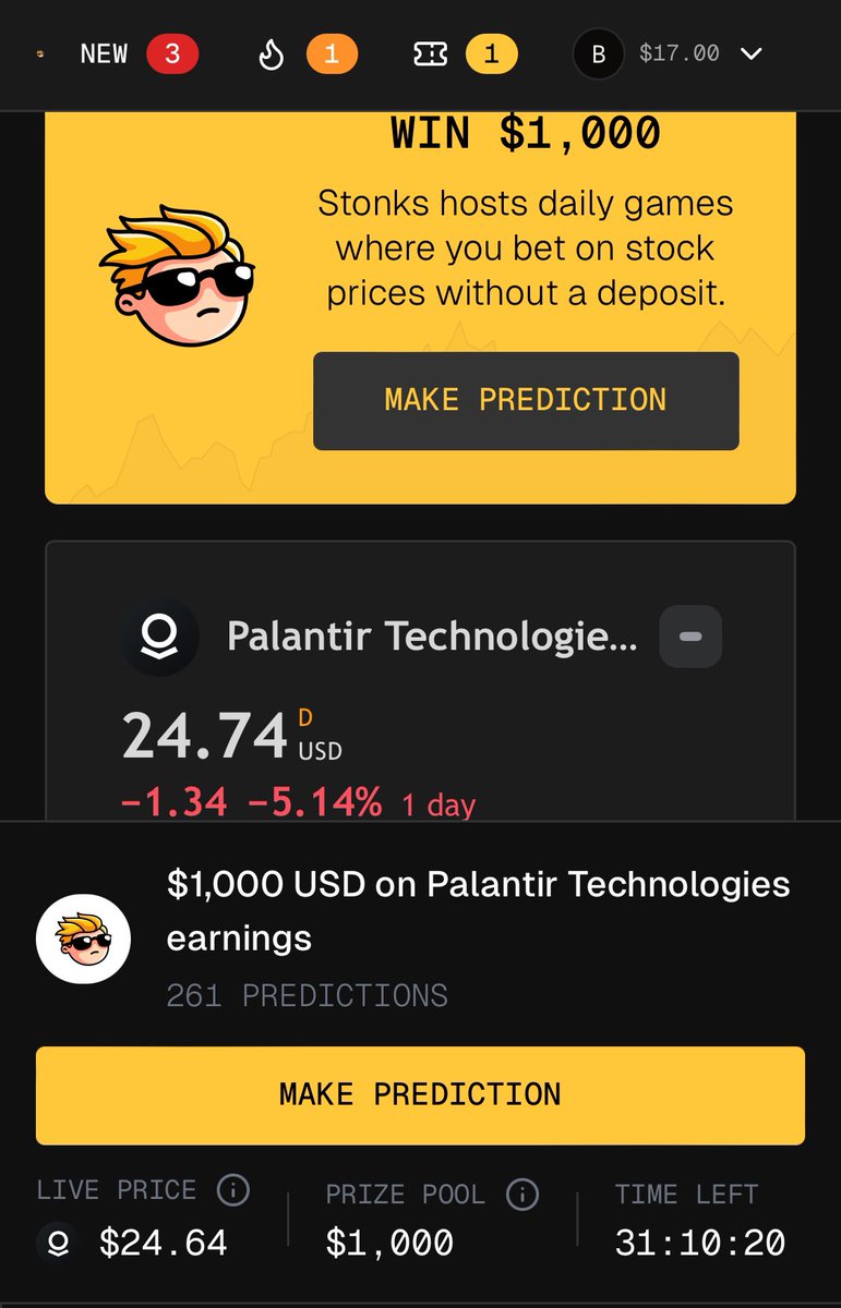 (#PLTR) #Palantir Is Next On #Stonks! 

I Ended Up In 7th Place on Friday And Won A Total Of $10 Dollars! 

This Is A No-Cost Opportunity to Guess What a Stocks Price Will Be Every Single Trading Day! 🤑📈

stonks.com/?ref=bitlender