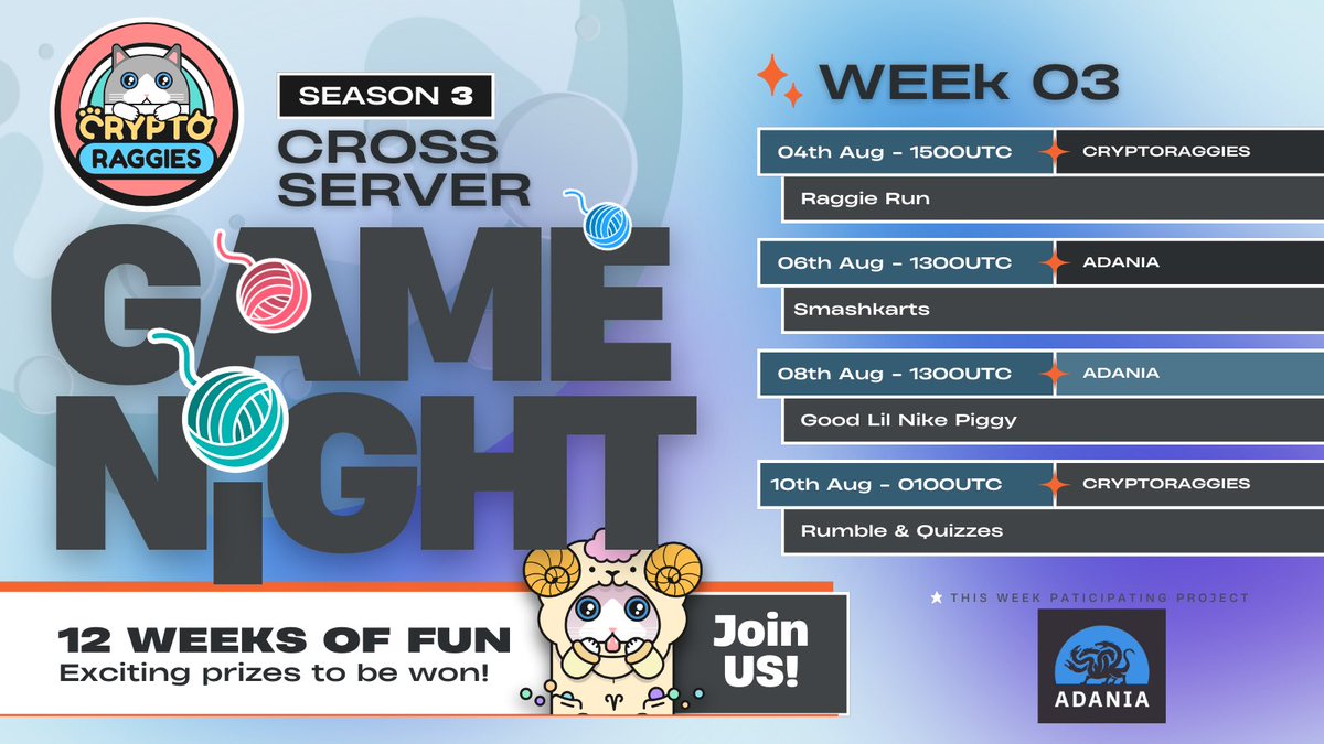 <a href="/CryptoRaggies/">CryptoRaggies 😸</a> is back this week with our friends from <a href="/adania_io/">Adania</a> with 4 games! 

Starting in about 2 hours, head on down <a href="/CryptoRaggies/">CryptoRaggies 😸</a> Discord to get started!

Exciting prizes to be won too!