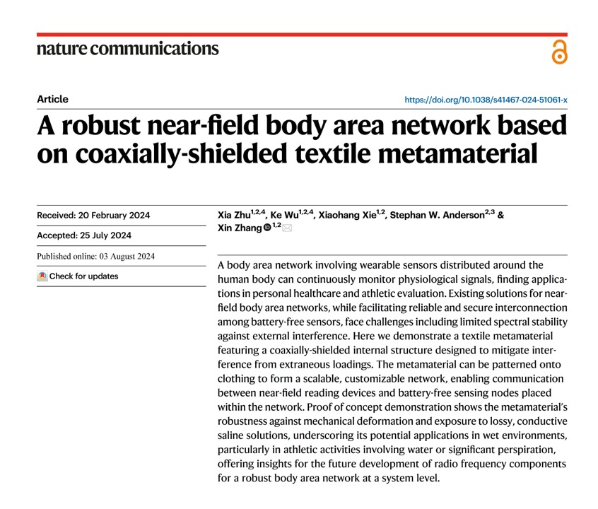 I am pleased to share our newly published paper in Nature Communications, entitled "A robust near-field body area network based on coaxially-shielded textile metamaterial" 

Read the paper here: nature.com/articles/s4146…