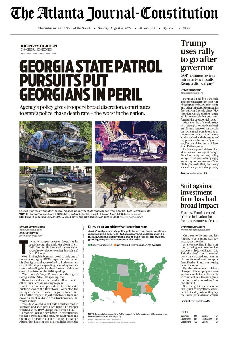 ajc's tweet photo. The Atlanta Journal-Constitution analyzed pursuits involving Georgia State Patrol troopers over the last five years and determined that chases that involve the agency are some of the most aggressive and dangerous in the country. https://t.co/wHCN8TAjXL https://t.co/otcp6nSROm