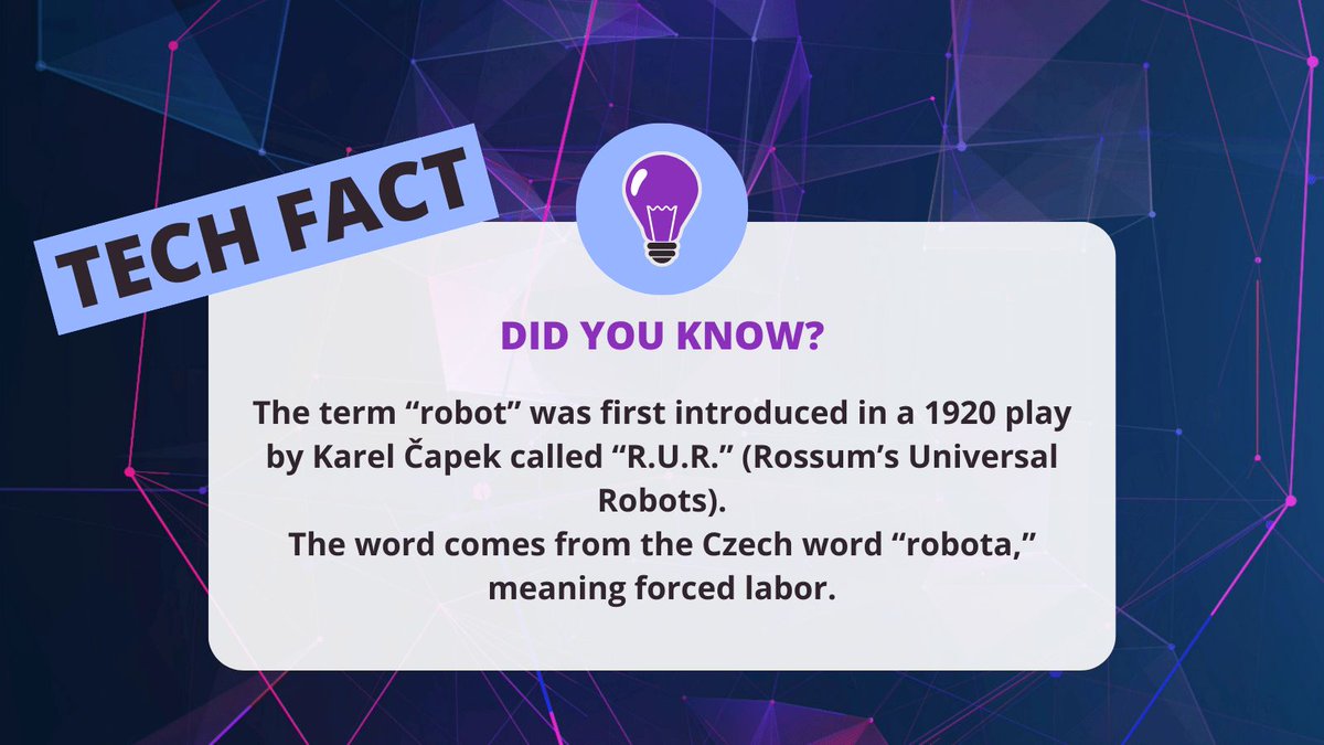 SolanysIT's tweet image. Did you know?

The term “robot” was first introduced in a 1920 play by Karel Čapek called “R.U.R.” (Rossum’s Universal Robots).
The word comes from the Czech word “robota,” meaning forced labor. 🤖📖

#TechHistory #RobotFacts