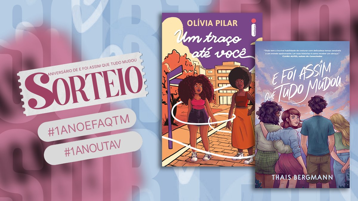 oliviapilar's tweet photo. 🏅 SORTEIO #1ANOEFAQTM e #1ANOUTAV!
Um ano desses livros incríveis! Prêmios: um exemplar de "Um traço até você" e um de "E foi assim que tudo mudou"!
REGRAS:
me seguir @oliviapilar
seguir a @thaisbergmann
dar RT nesse tweet
Resultado AMANHÃ (05/08)! https://t.co/I7Yu5rlkcx