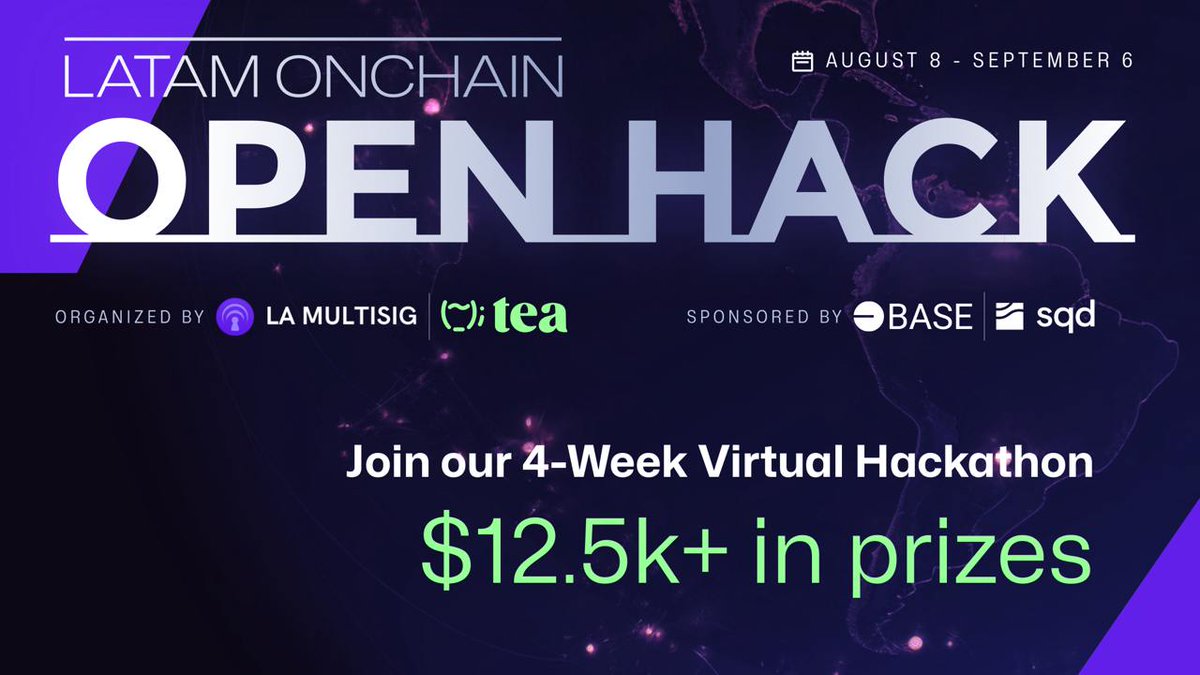 helloSQD's tweet photo. Based in LATAM and have an idea for a dApp?

Then sign up for the upcoming Onchain Hackathon ft @Lamultisig, @teaprotocol, @base, and SQD.

Registration and all the details: https://t.co/7xsPvBzOpk https://t.co/DfF9FCQryU