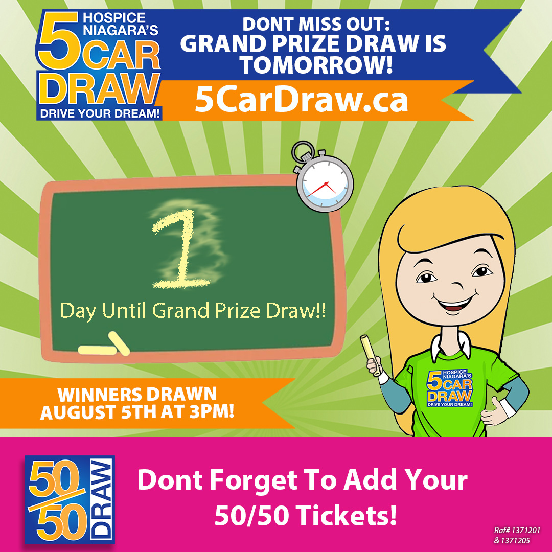 HospiceNiagara's tweet image. Grand prize and 50/50 draws are tomorrow!

Get your 5 Car Draw tickets before it's too late: 1 for $25, 5 for $100, or 10 for $175. 

Visit 5CarDraw.ca to buy now.

#Countdown #WinBig #5CarDraw #Cars #WinACar #5050 #community