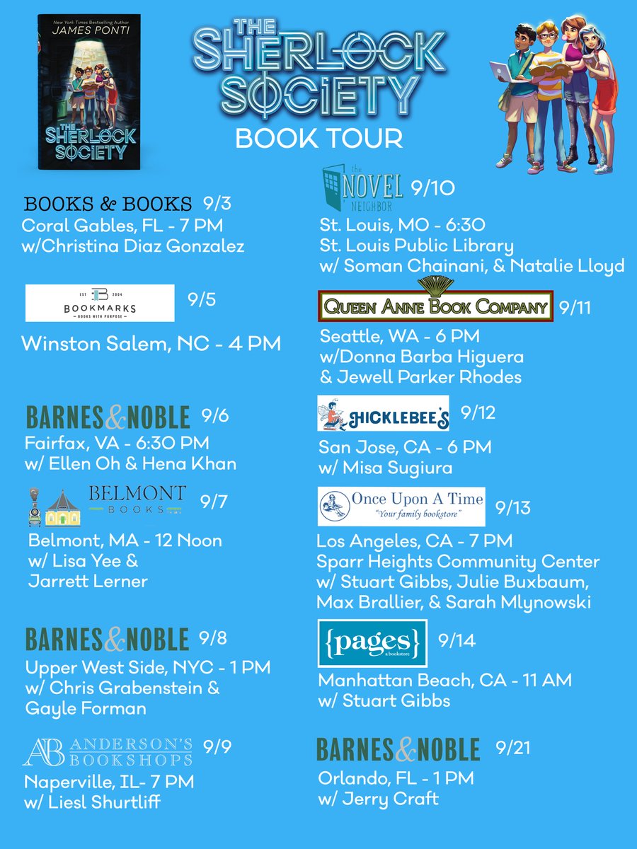 Couldn't score tickets for the ERAs tour? There's always room at the bookstore. Come see me with some of the best names in kidlit. There'll be great talk, lots of laughs, and I promise I not to sing. Retweet and you're entered for a chance to win a copy of The Sherlock Society!