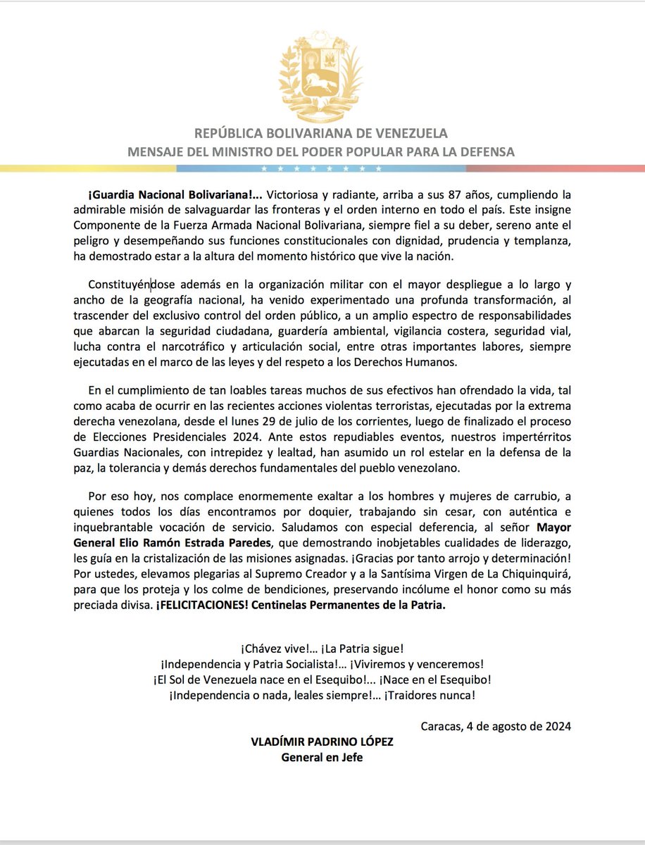 #04Ago📄 #Importante || Mensaje del ciudadano GJ Vladímir Padrino López en ocasión de celebrarse el 87° Aniversario de la Guardia Nacional Bolivariana. 🇻🇪