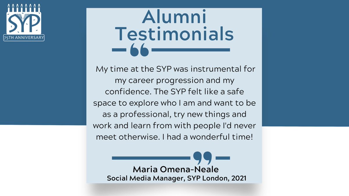 SYP_UK's tweet photo. Thank you for your alumni testimonial, Maria Omena-Neale @mariaomena_ π
Maria was a committee member of @SYP_LDN and we love how she describes SYP as a safe space!
Check out alumni testimonials about the impact of SYP: https://t.co/qOjQ4MCH8n
#SYP75 https://t.co/5AoVQvKxoB