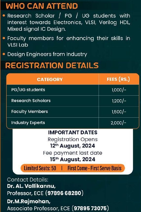 ecehits's tweet photo. The Department of ECE is organizing a Summer Workshop on IC Design Using Cadence Tool on 19.08.2024 to 21.08.2024.
Interested Participants can register ASAP!!!!!
Pls find the details below for registering.
#HITS #MyHindustan #HindustanUniversity #Hindustangroupofinstitutions https://t.co/ozDZxGQF43