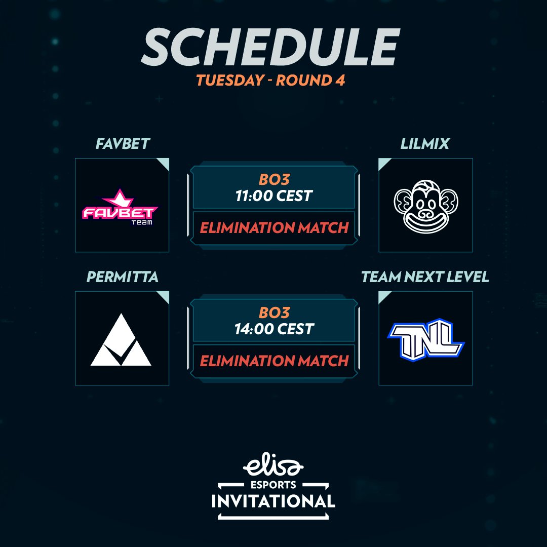 ElisaEsports's tweet photo. Day 2 of Round 4 at #ElisaInvitational Fall 2024! ๐
Todayโs critical matchups will determine who stays in the fight:
โ๏ธ 11:00 CEST - @favbet_team vs. @Lilmixgg
โ๏ธ 14:00 CEST - @Permittaesports vs. #TeamNextLevel
๐บ Donโt miss the action: https://t.co/BsT1zCRKzd https://t.co/JWcW1IEoj2