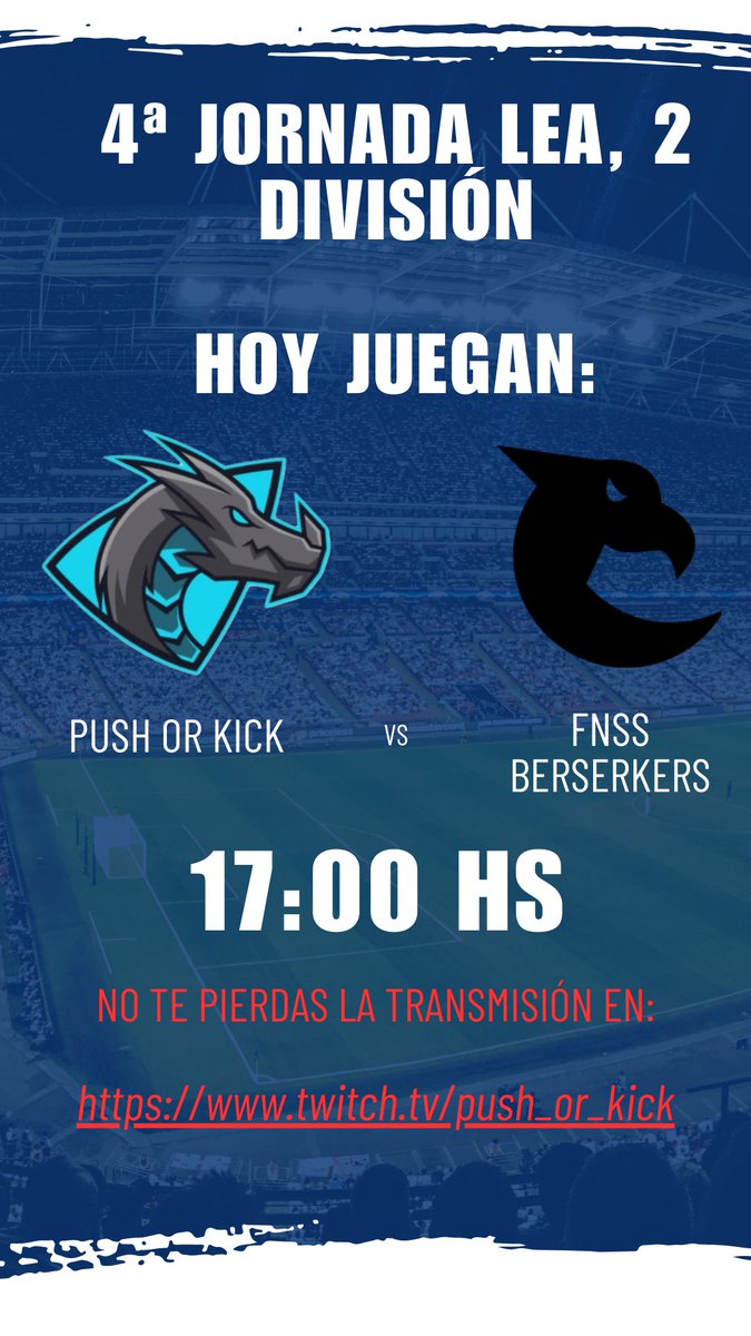 PushOrKick's tweet image. En 2 horitas tenemos nueva jornada de @LEAmateur_ 
Partido importantísimo para mantenernos arriba en la clasificación. 
Una vez más, os esperamos en twitch.tv/push_or_kick
