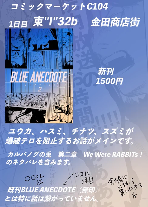 C104のお品書きです!!

1日目東のI 32bで待ってます!!!

本文63ページ+ゲスト1ページの(多分)大ボリュームでお送りします!!!!

ゲストはいずおく。さん(@izuoku_ )が可愛いアロプラを描いてくださいました!!!!

二度とこんなに描かねえ!!!!!!!!!!!!!!!!! 