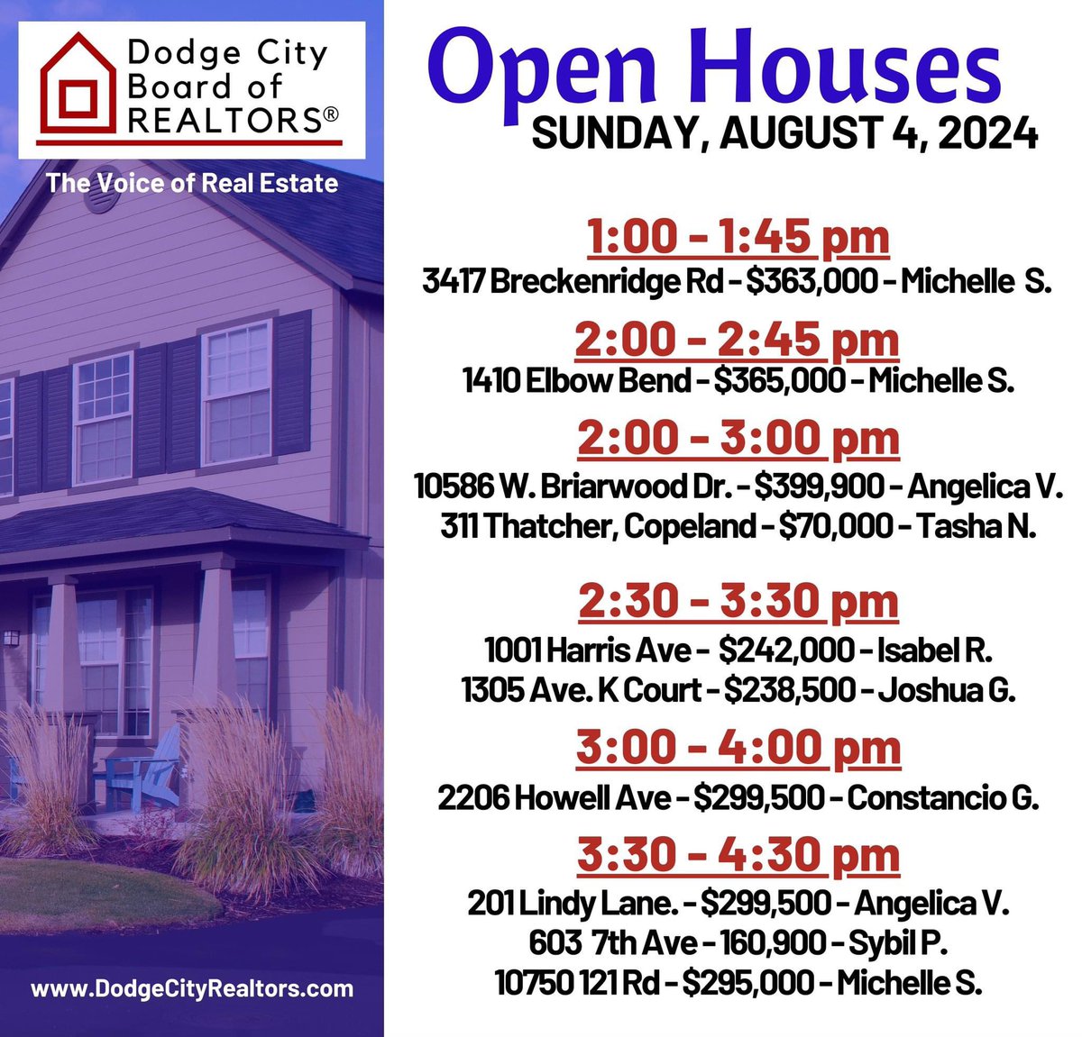 DodgeCityBOR's tweet photo. These are our @DodgeCityBOR Open Houses for Sunday, August 4th, 2024. For more information about our board &amp; a list of our affiliates, please go to our website: https://t.co/Kbw6Xz3l3K 
#DodgeCityRealtors #DodgeCityRealEstate https://t.co/6CFFWBLrDv