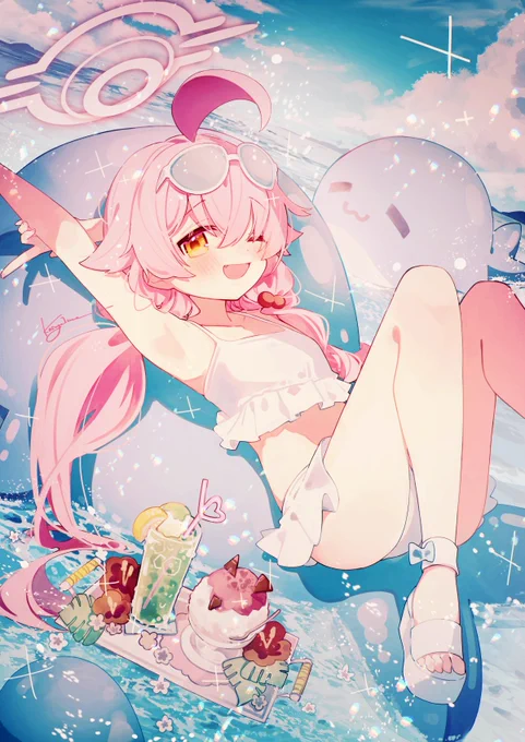 水着ホシノとドレスヒナちゃん!C104の支援人()さんのスペースで頒布されるB2タペストリーのイラストです!よろしくお願いいたします! 