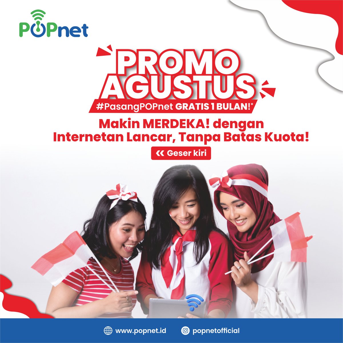 popnetofficial's tweet photo. Makin MERDEKA! dengan internet lancar tanpa batas kuota!
Khusus pemasangan di bulan Agustus
dapatkan GRATIS 1 bulan* dengan bandwidth tambahan selama 3 bulan pertama.

Merdeka #PasangPOPnet
Info berlangganan bisa hubungi :
📲 0821 2000 8098

#promoagustus
#promomerdeka https://t.co/knSlXx8FzZ