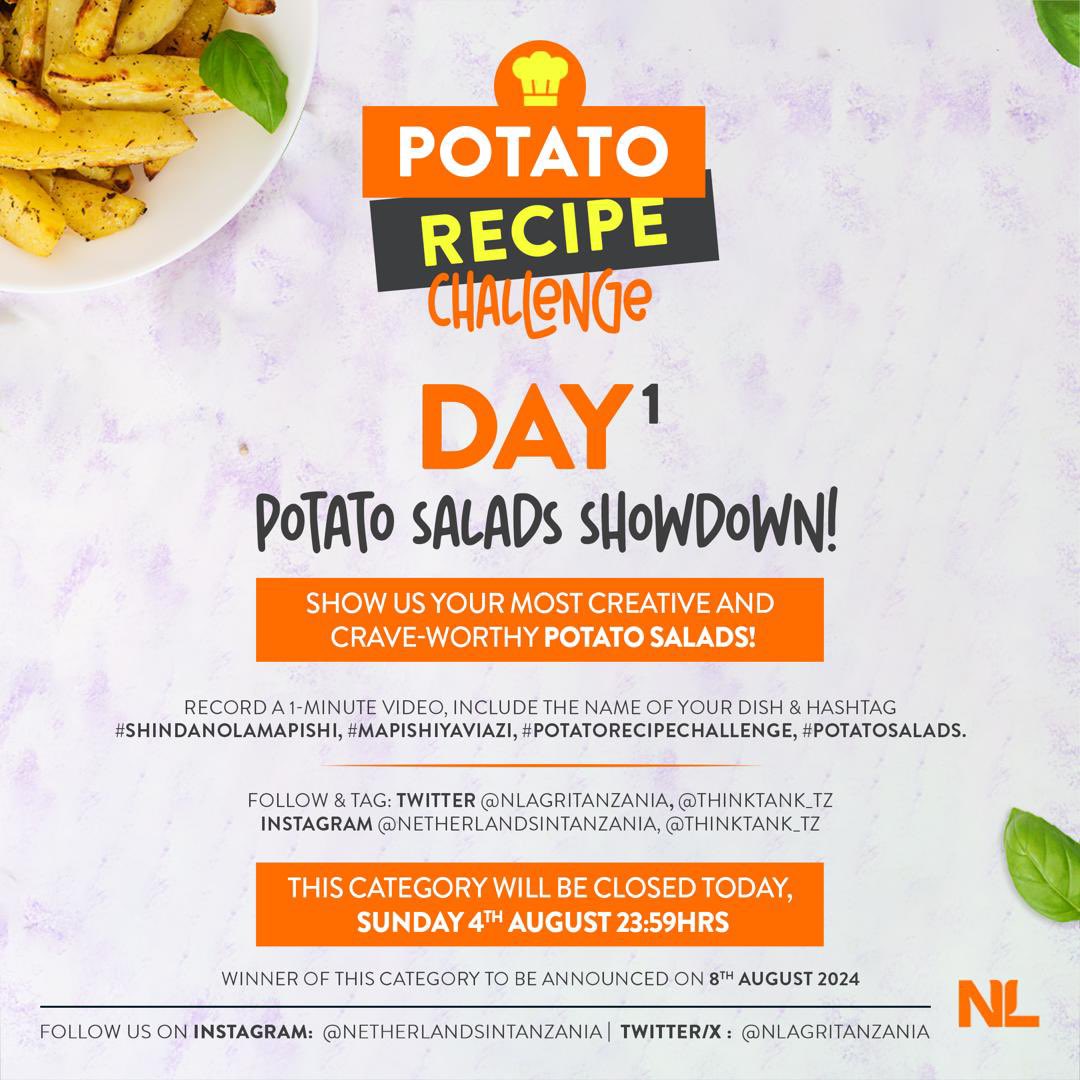 TheoMutabingwa's tweet photo. Day 1 of the potato recipe challenge! Show off your most creative and crave-worthy potato salads. Record a 1-minute video, caption the dish name and #shindanolamapishi, then, follow and tag @NLAgriTanzania, and @thinktank_tz.
Entries close Sunday 11:59pm. https://t.co/XtoeyrhmTC