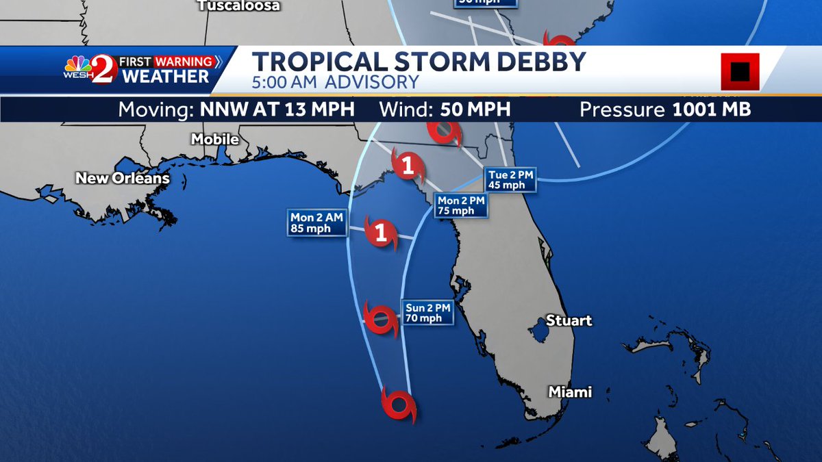 EricBurrisWX's tweet photo. NHC has just issued a new cone for #Debby... Here's a look at the latest forecast... https://t.co/yIxPLwv4cn