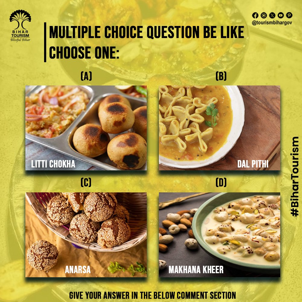 TourismBiharGov's tweet image. Which delicacy of Bihar you cannot miss ? Choose your pick and comment below.

#food #delicacy #choose #anarsa #dalpithi #makhanakheer #littichokha #biharfood #foodography #foodgasm #mcqs #mcq #foodofbihar #biharifood #biharicuisine #bihariculture #swadbiharka #bihartourism