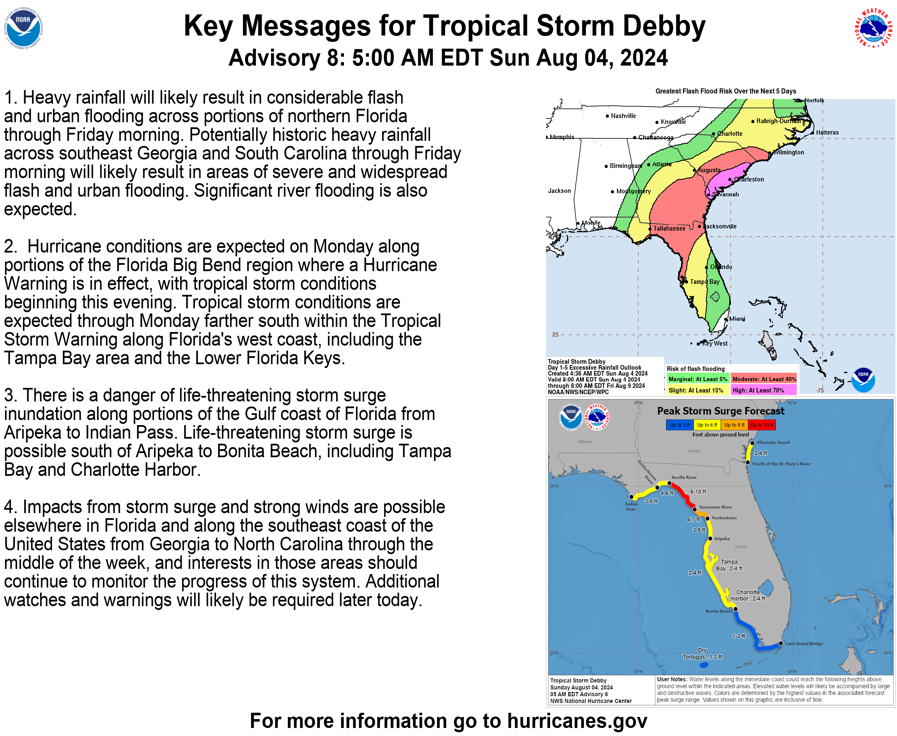NHC_Atlantic's tweet photo. 5 am EDT: Tropical Storm #Debby strengthening, expected to become a hurricane before it makes landfall in the Florida Big Bend Monday morning.  Significant impacts expected across much of the southeast U.S. Here are the Key Messages.  Visit https://t.co/tW4KeGdBFb for details. https://t.co/tA1LowuROo