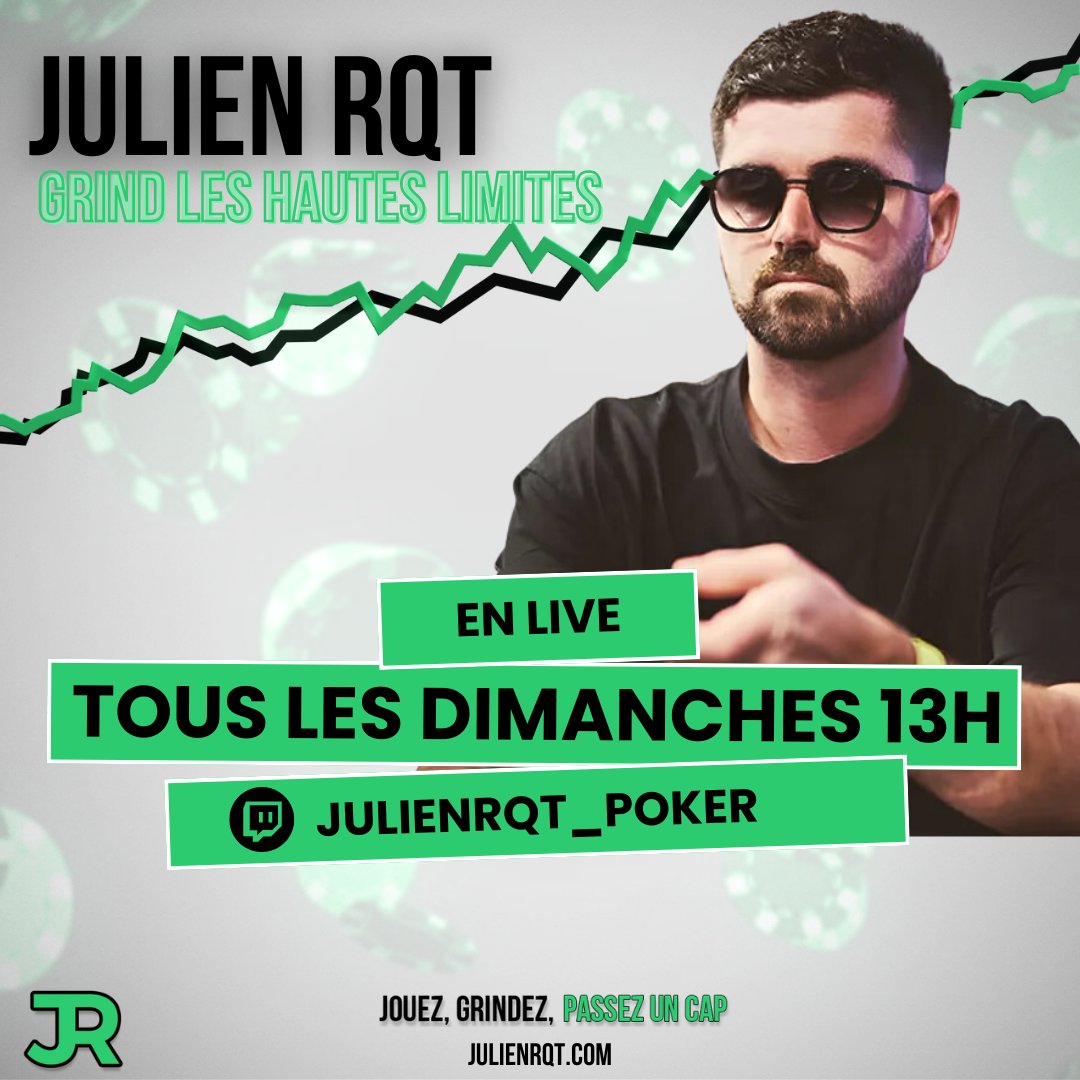 RDV à 13h sur ma chaine pour la session la plus chère en cash game du twitch game français 

twitch.tv/julienrqt_poker

Au programme : 
GRIND/ bluff / et des pleurs 
Préparation EPT BARCELONE 
Conseils et réponse à vos questions